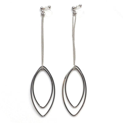 Dangle silver double oval hoop invisible clip on earrings - miyabigracejewelry.com
