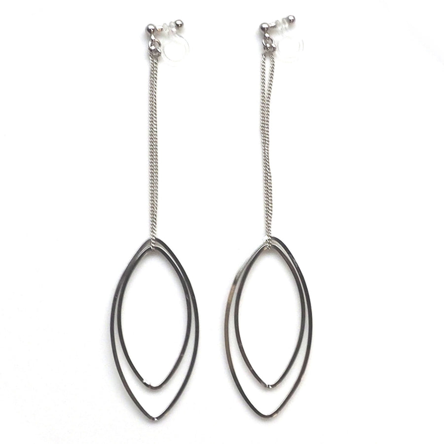 Dangle silver double oval hoop invisible clip on earrings - miyabigracejewelry.com