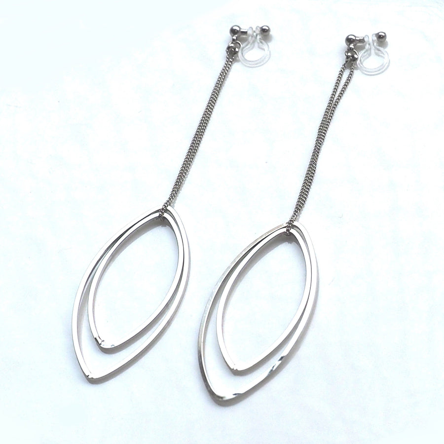 Dangle silver double oval hoop invisible clip on earrings - miyabigracejewelry.com