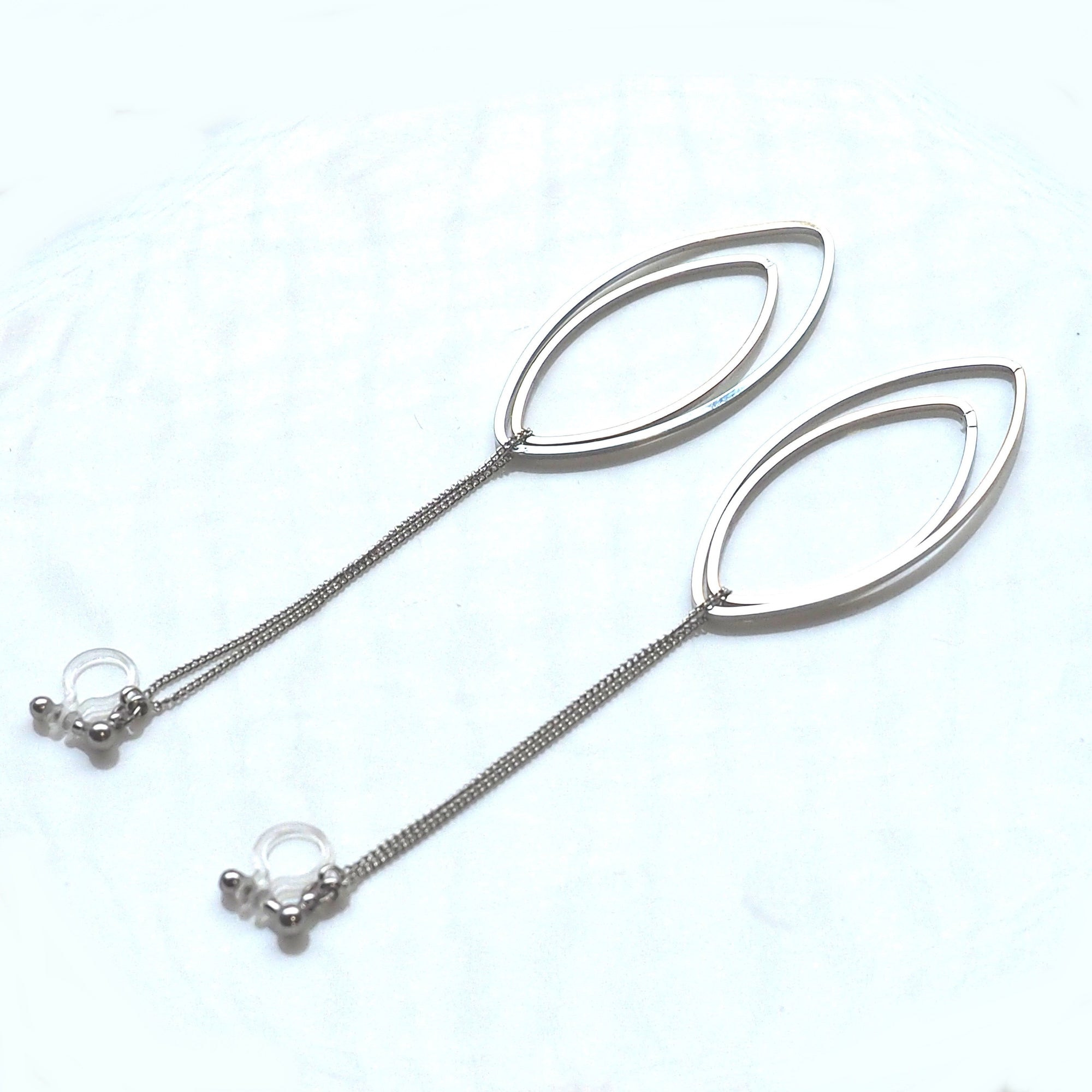 Dangle silver double oval hoop invisible clip on earrings - miyabigracejewelry.com