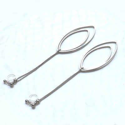 Dangle silver double oval hoop invisible clip on earrings - miyabigracejewelry.com
