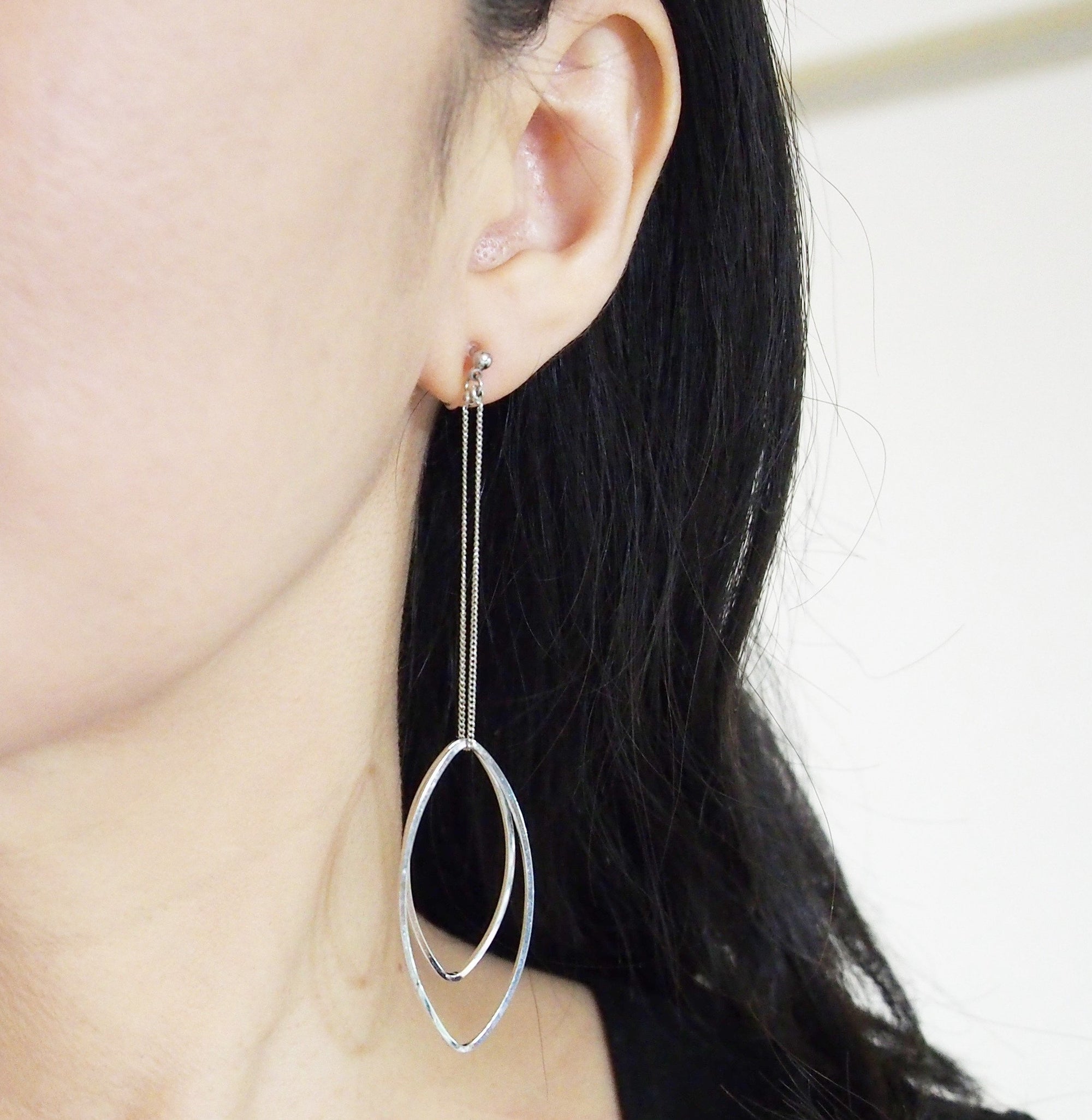Dangle silver double oval hoop invisible clip on earrings - miyabigracejewelry.com