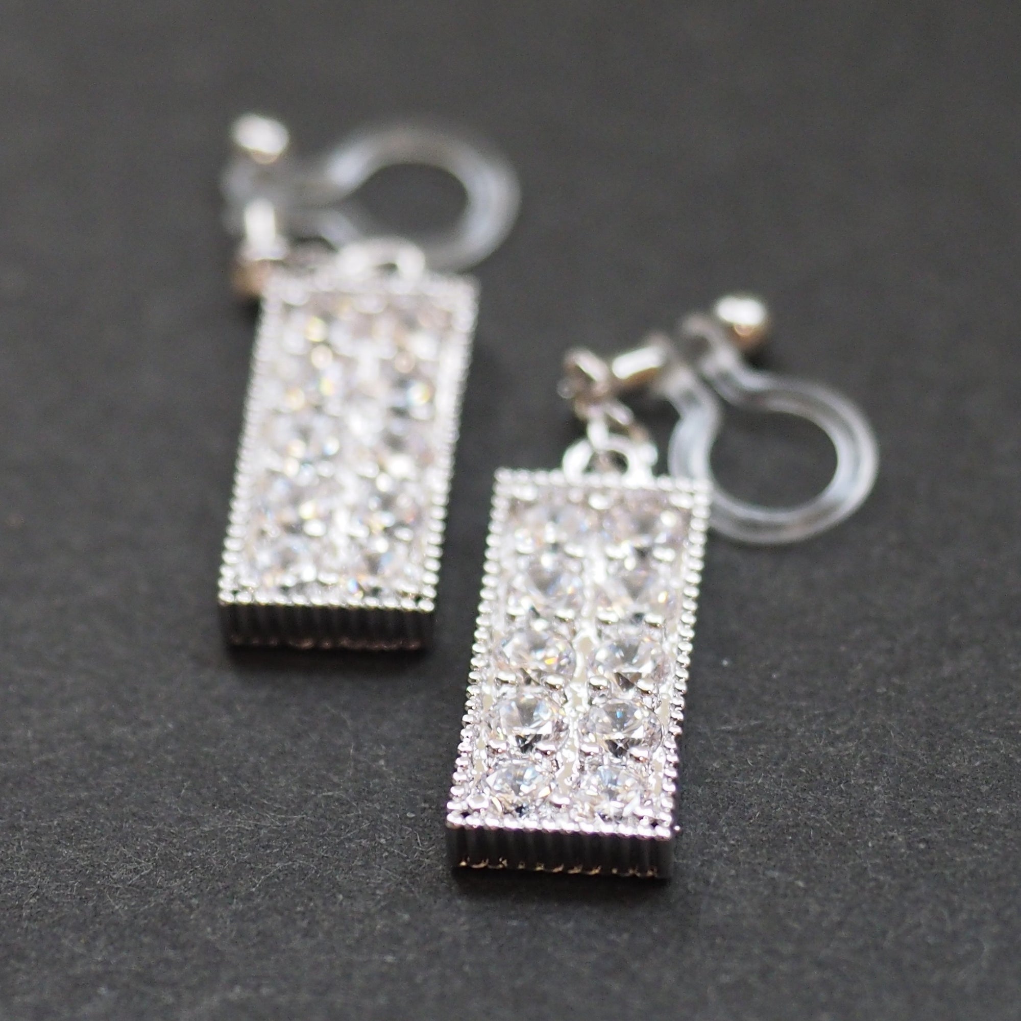 Rectangular bar cubic zirconia invisible clip on earrings (silver tone) - miyabigracejewelry.com