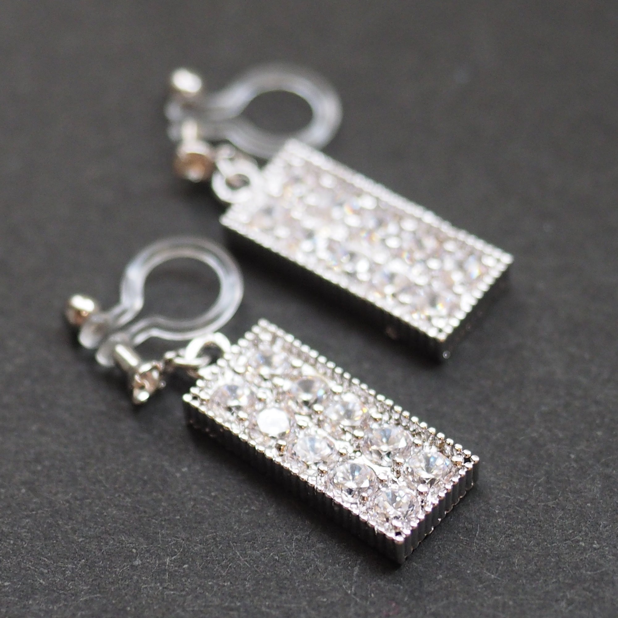 Rectangular bar cubic zirconia invisible clip on earrings (silver tone) - miyabigracejewelry.com