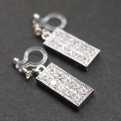 Rectangular bar cubic zirconia invisible clip on earrings (silver tone) - miyabigracejewelry.com