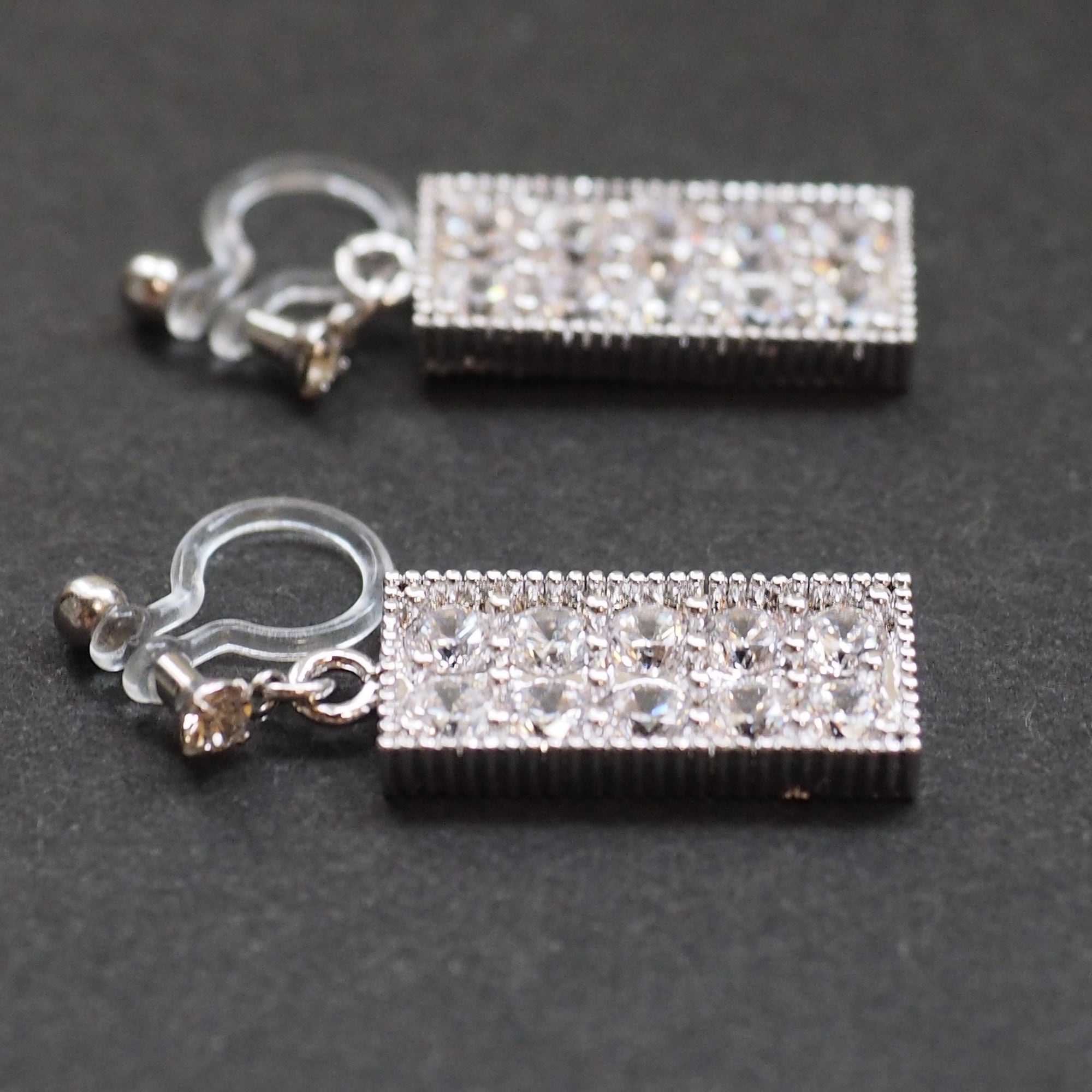 Rectangular bar cubic zirconia invisible clip on earrings (silver tone) - miyabigracejewelry.com