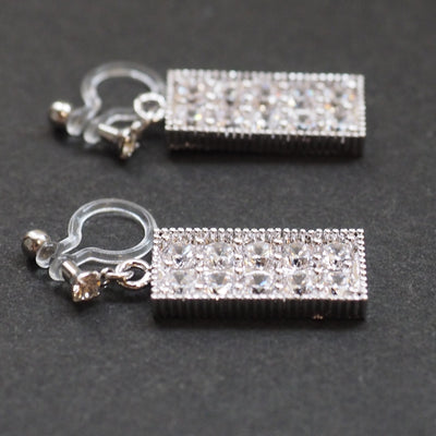 Rectangular bar cubic zirconia invisible clip on earrings (silver tone) - miyabigracejewelry.com