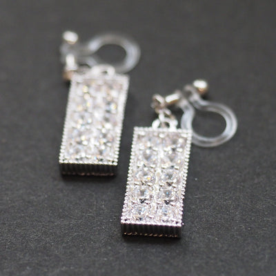 Rectangular bar cubic zirconia invisible clip on earrings (silver tone) - miyabigracejewelry.com