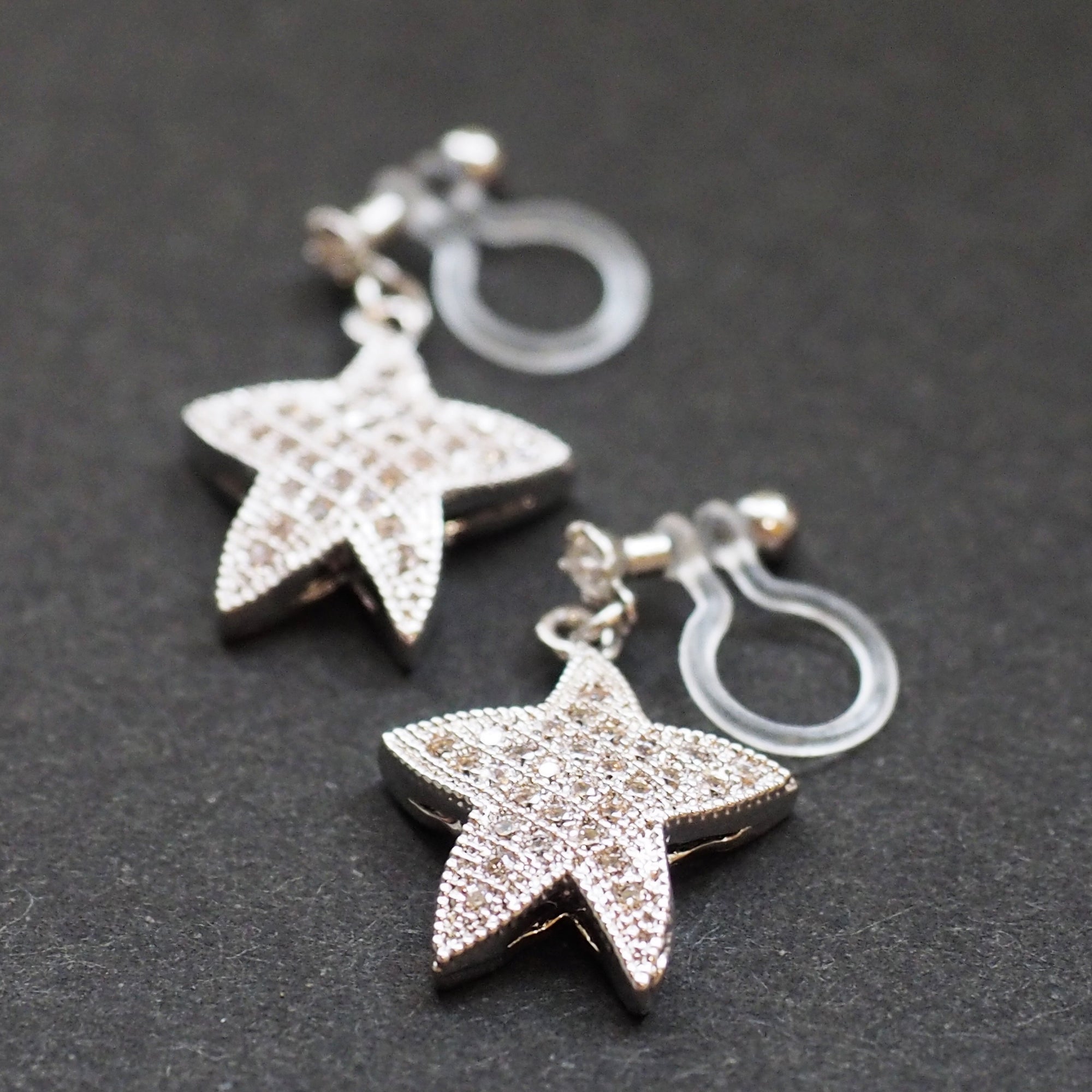 Star micro pave cubic zirconia invisible clip on earrings ( silver tone ) - miyabigracejewelry.com