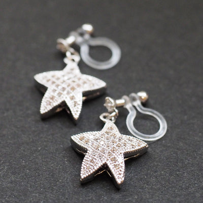 Star micro pave cubic zirconia invisible clip on earrings ( silver tone ) - miyabigracejewelry.com