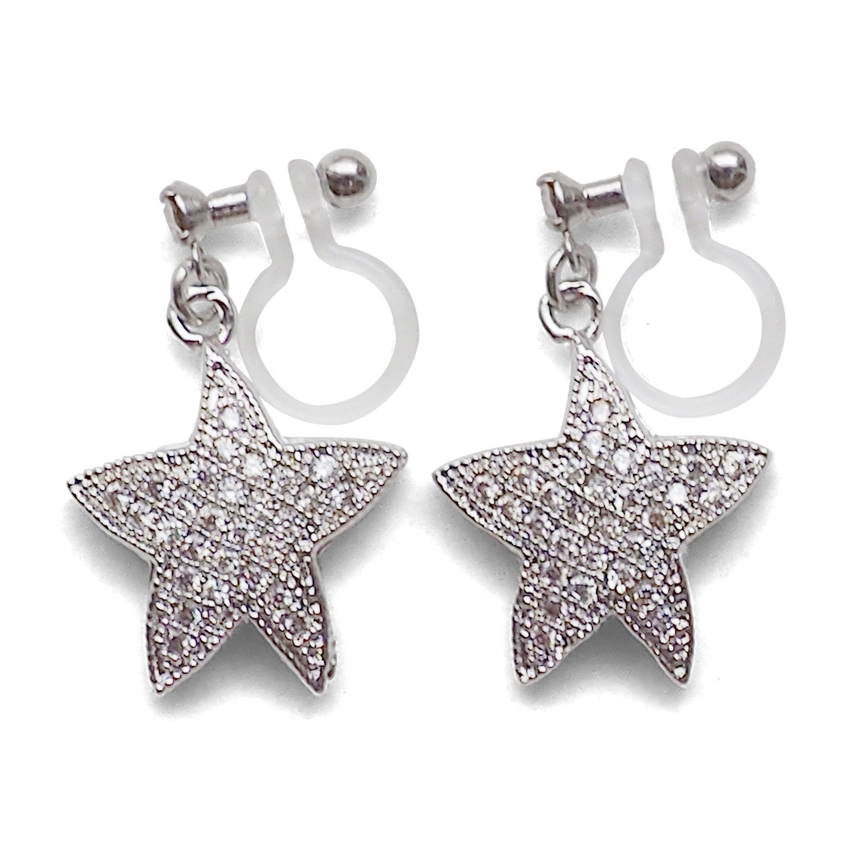 Star micro pave cubic zirconia invisible clip on earrings ( silver tone ) - miyabigracejewelry.com