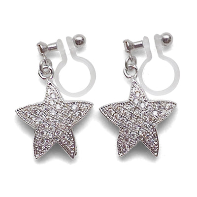 Star micro pave cubic zirconia invisible clip on earrings ( silver tone ) - miyabigracejewelry.com