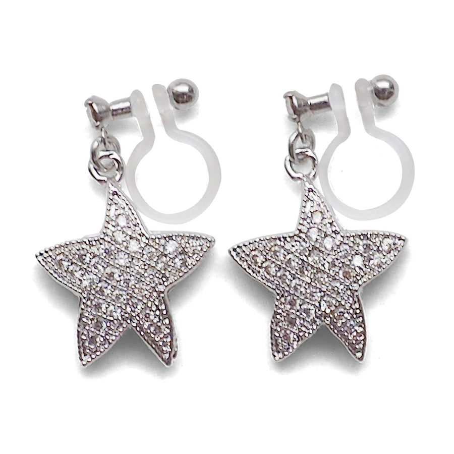 Star micro pave cubic zirconia invisible clip on earrings ( silver tone ) - miyabigracejewelry.com