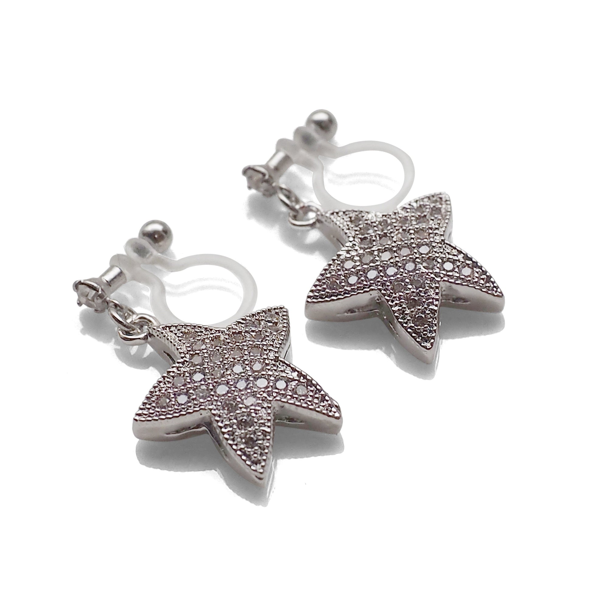 Star micro pave cubic zirconia invisible clip on earrings ( silver tone ) - miyabigracejewelry.com