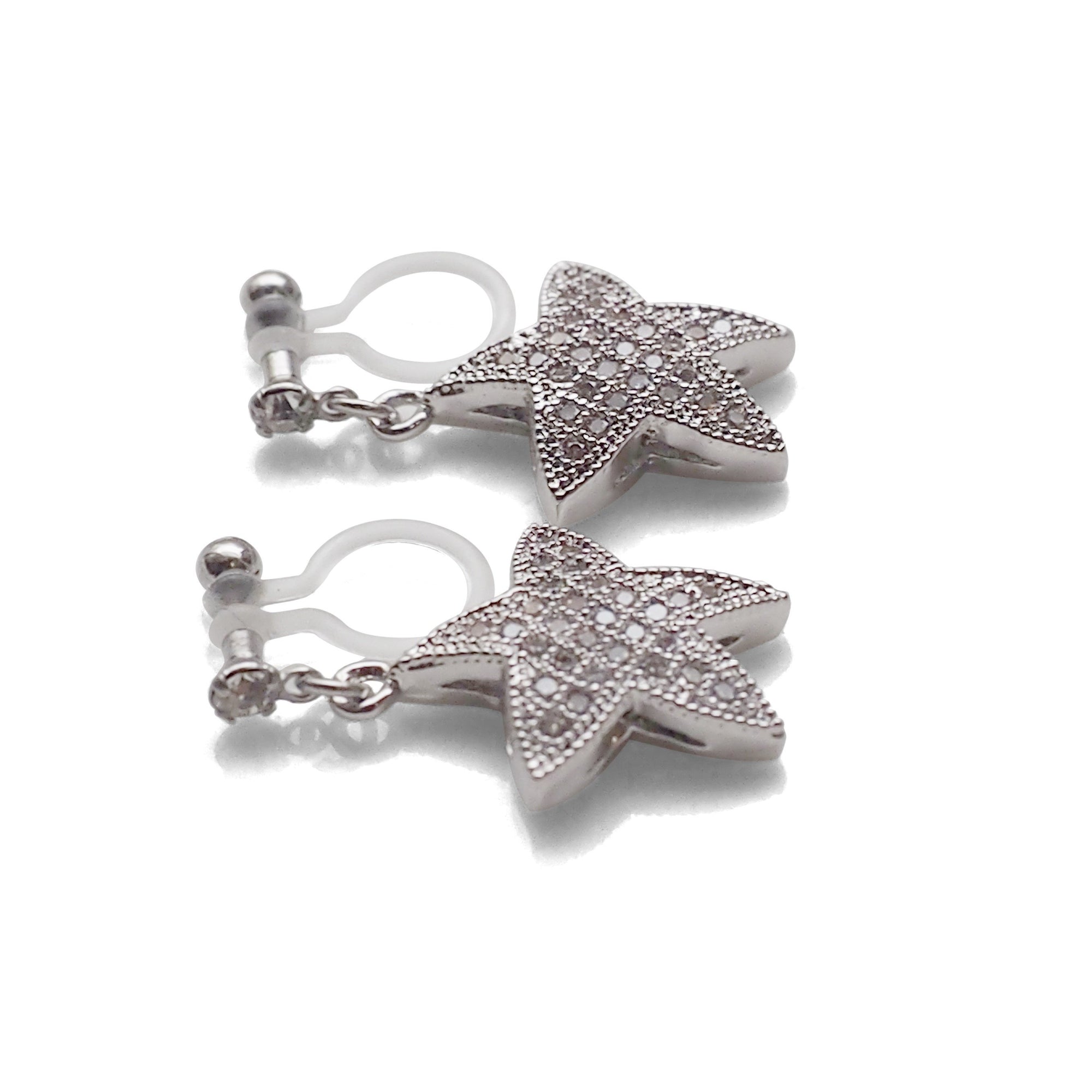 Star micro pave cubic zirconia invisible clip on earrings ( silver tone ) - miyabigracejewelry.com