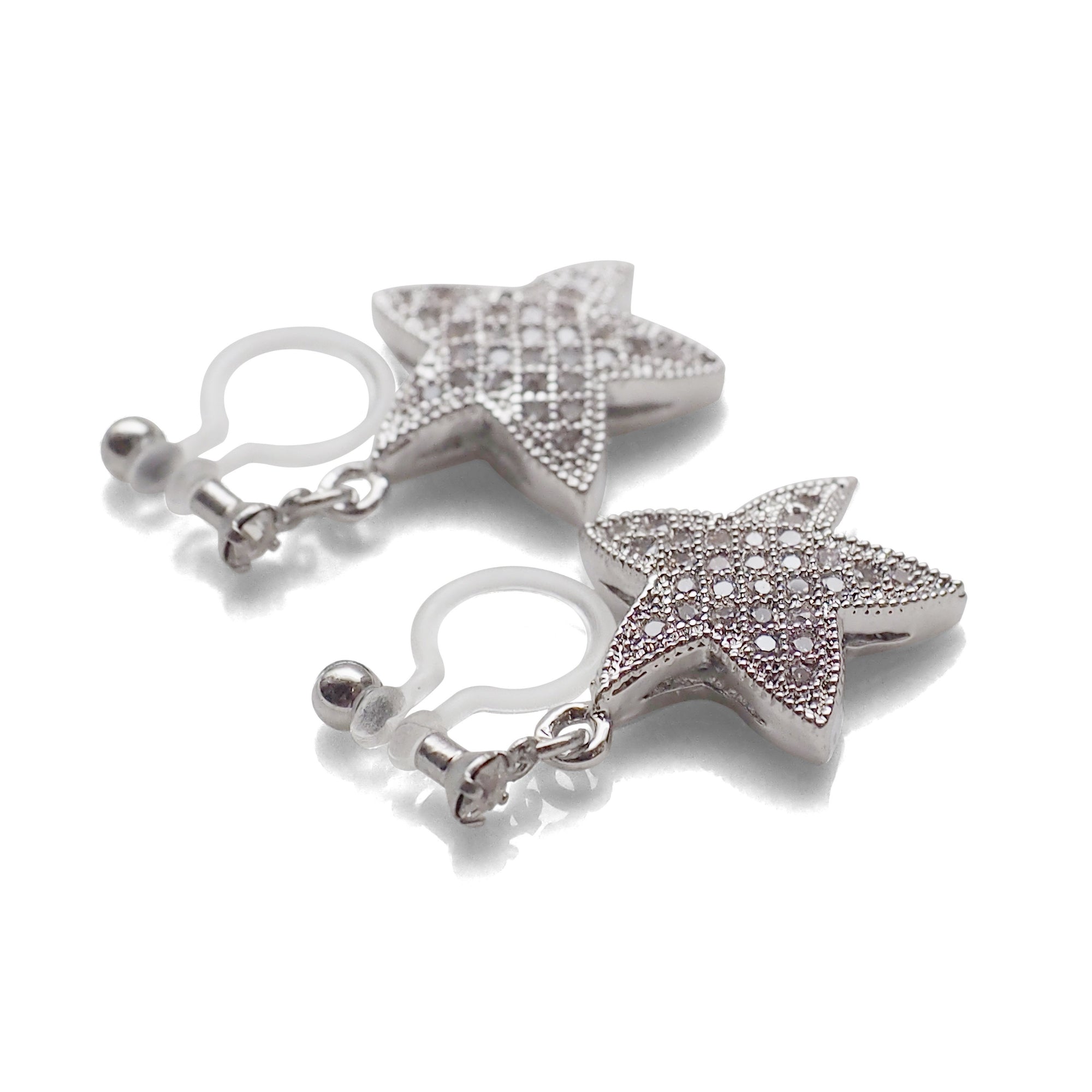 Star micro pave cubic zirconia invisible clip on earrings ( silver tone ) - miyabigracejewelry.com
