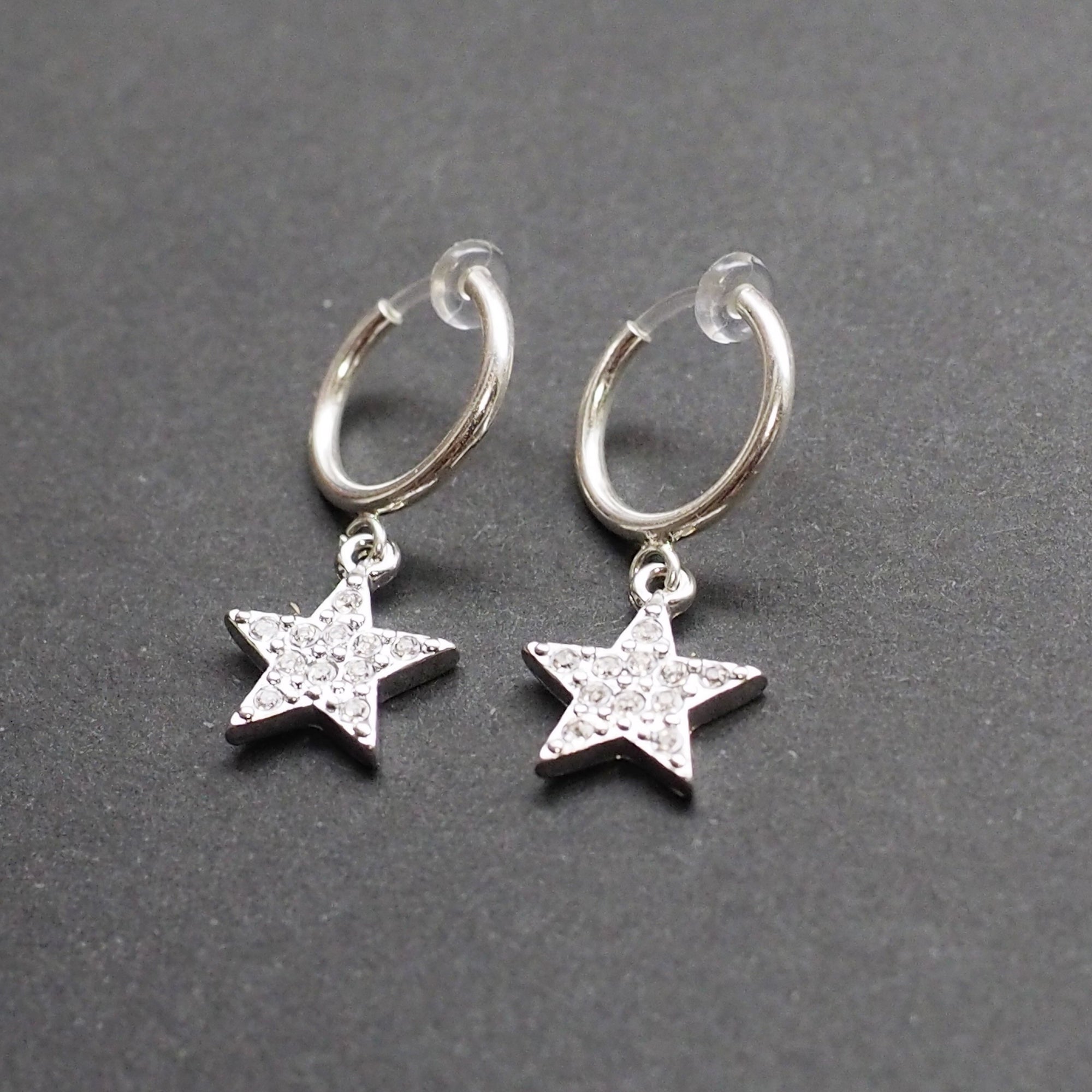 Silver rhinestone star clip on hoop earrings - Miyabi Grace