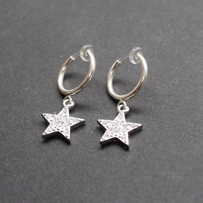 Silver rhinestone star clip on hoop earrings - Miyabi Grace