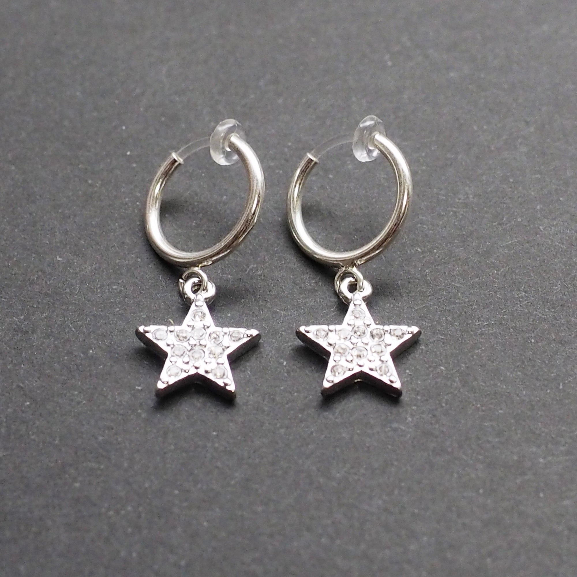 Silver rhinestone star clip on hoop earrings - Miyabi Grace