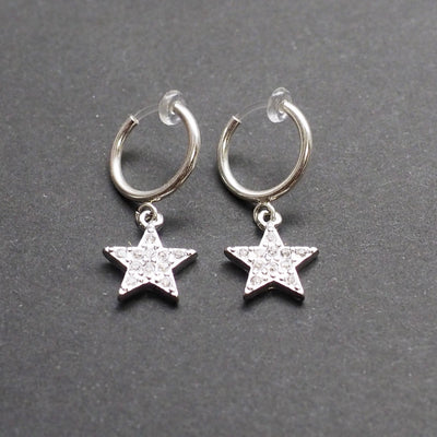 Silver rhinestone star clip on hoop earrings - Miyabi Grace