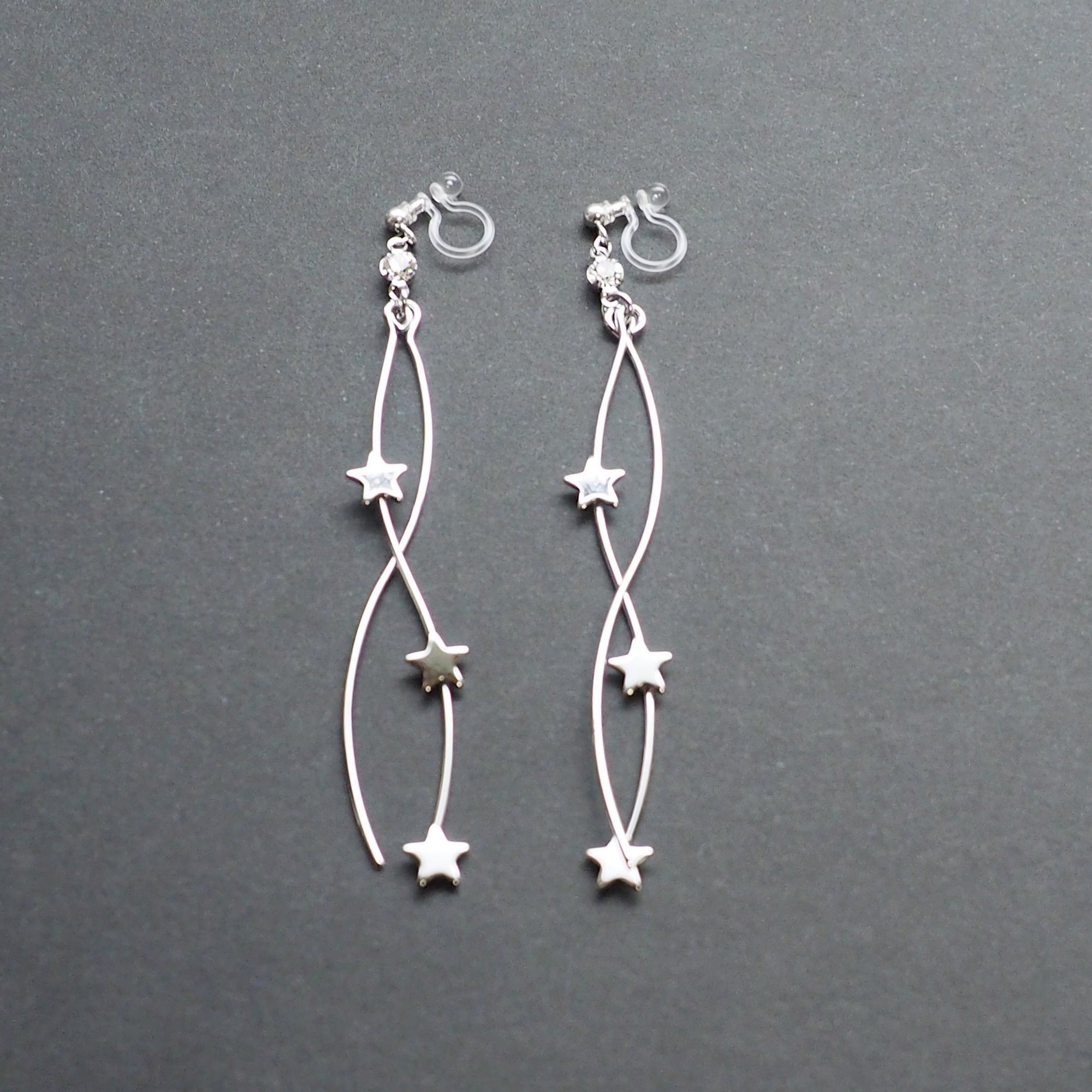 Silver star wave bar dangle invisible clip on earrings - Miyabi Grace