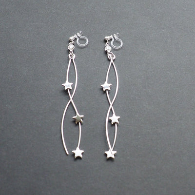 Silver star wave bar dangle invisible clip on earrings - Miyabi Grace