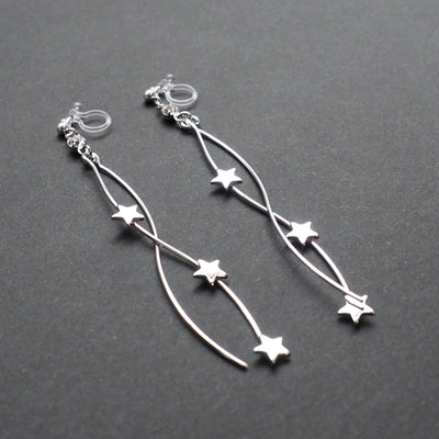 Silver star wave bar dangle invisible clip on earrings - Miyabi Grace