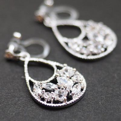 Teardrop filigree cubic zirconia invisible clip on earrings (silver tone) - miyabigracejewelry.com