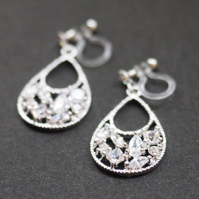 Teardrop filigree cubic zirconia invisible clip on earrings (silver tone) - miyabigracejewelry.com
