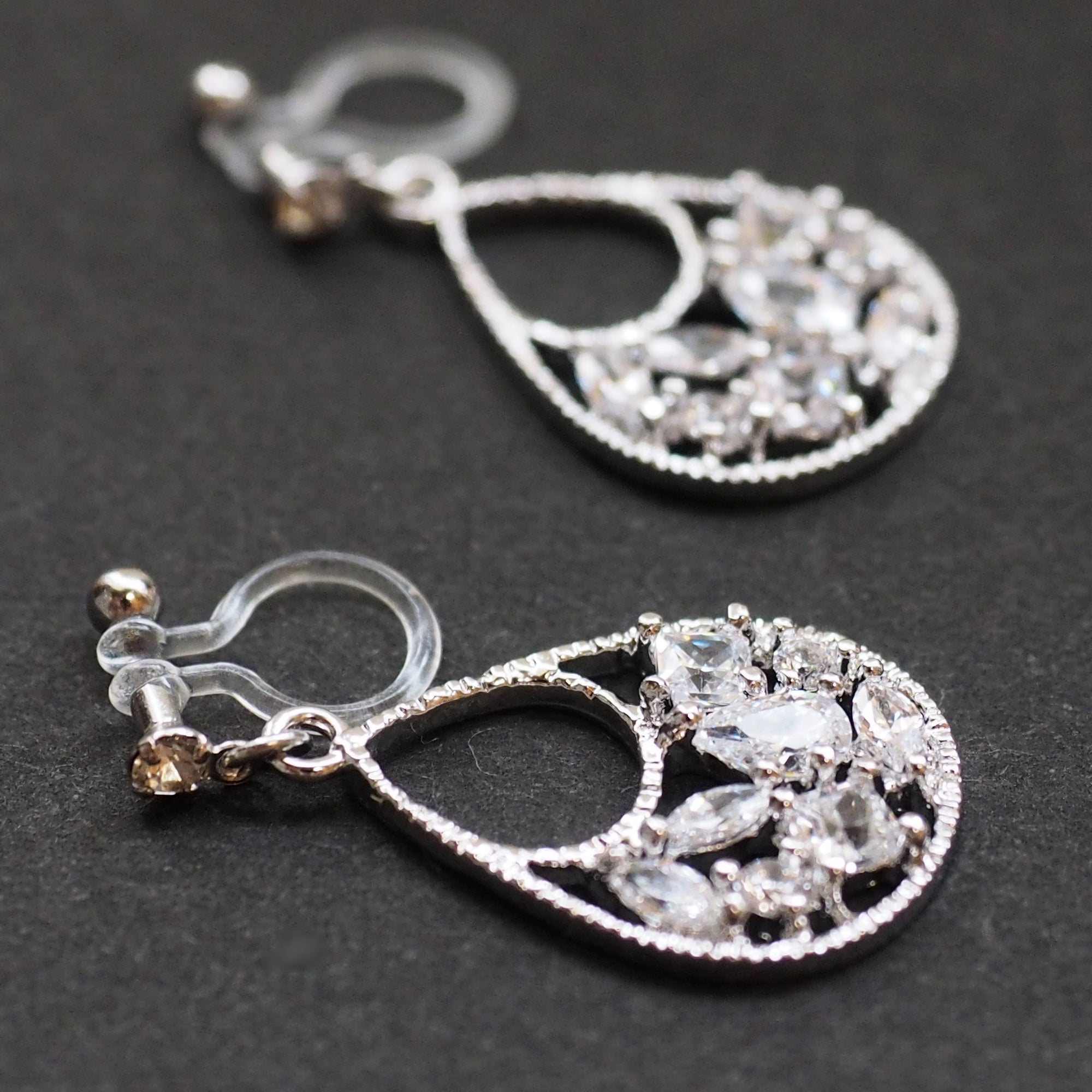 Teardrop filigree cubic zirconia invisible clip on earrings (silver tone) - miyabigracejewelry.com