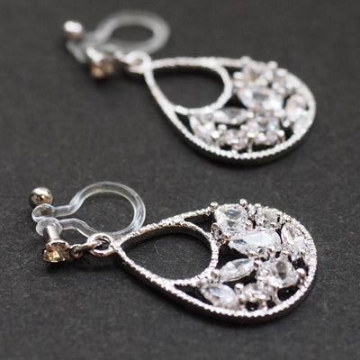 Teardrop filigree cubic zirconia invisible clip on earrings (silver tone) - miyabigracejewelry.com