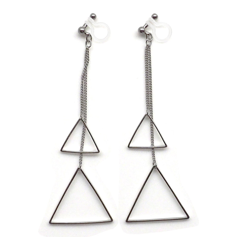 Dangle silver double triangle invisible clip on earrings - miyabigracejewelry.com