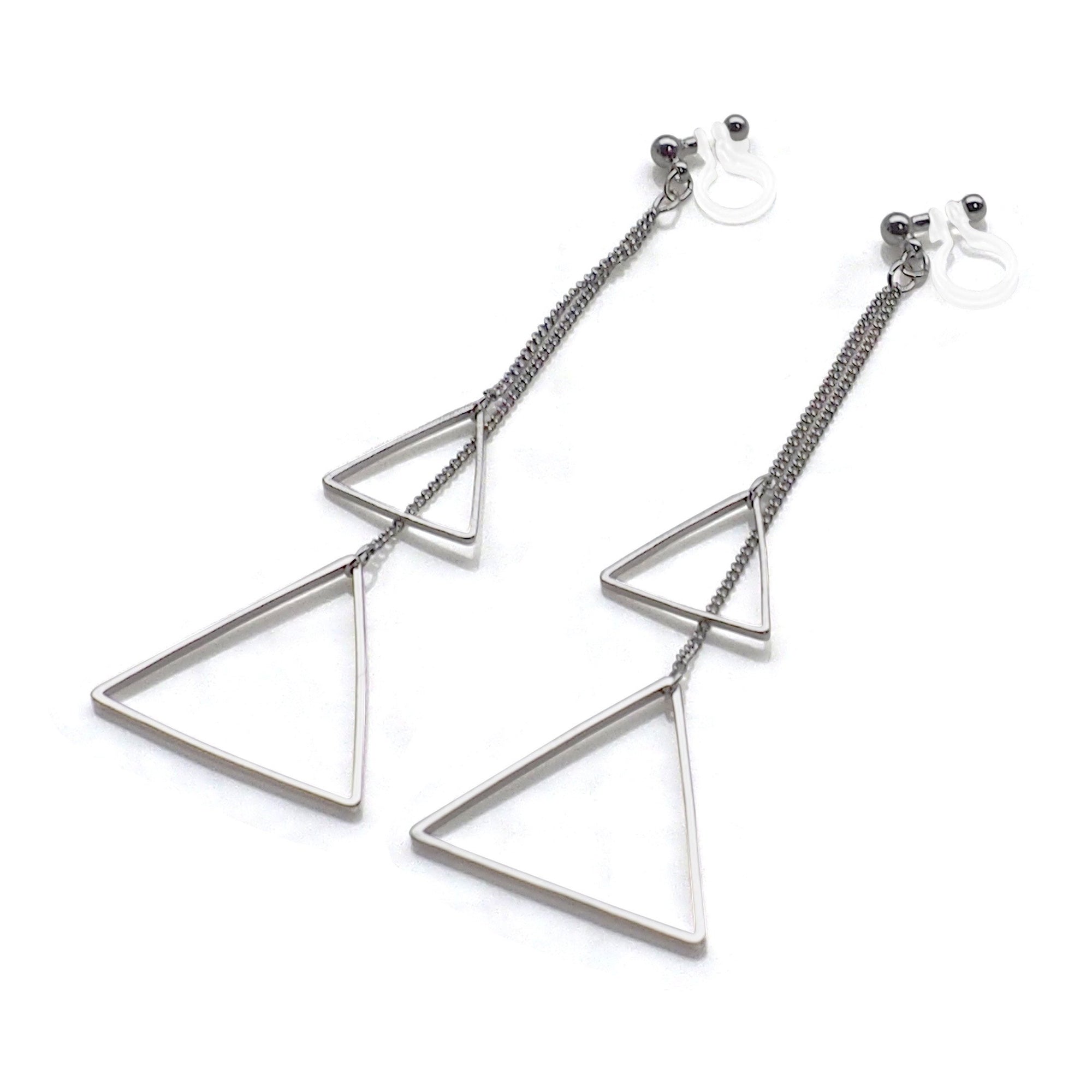 Dangle silver double triangle invisible clip on earrings - miyabigracejewelry.com