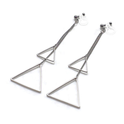 Dangle silver double triangle invisible clip on earrings - miyabigracejewelry.com