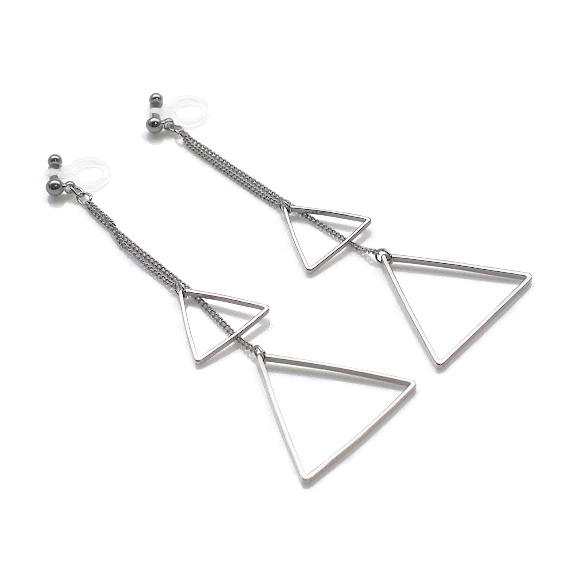 Dangle silver double triangle invisible clip on earrings - miyabigracejewelry.com