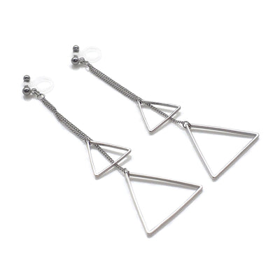 Dangle silver double triangle invisible clip on earrings - miyabigracejewelry.com
