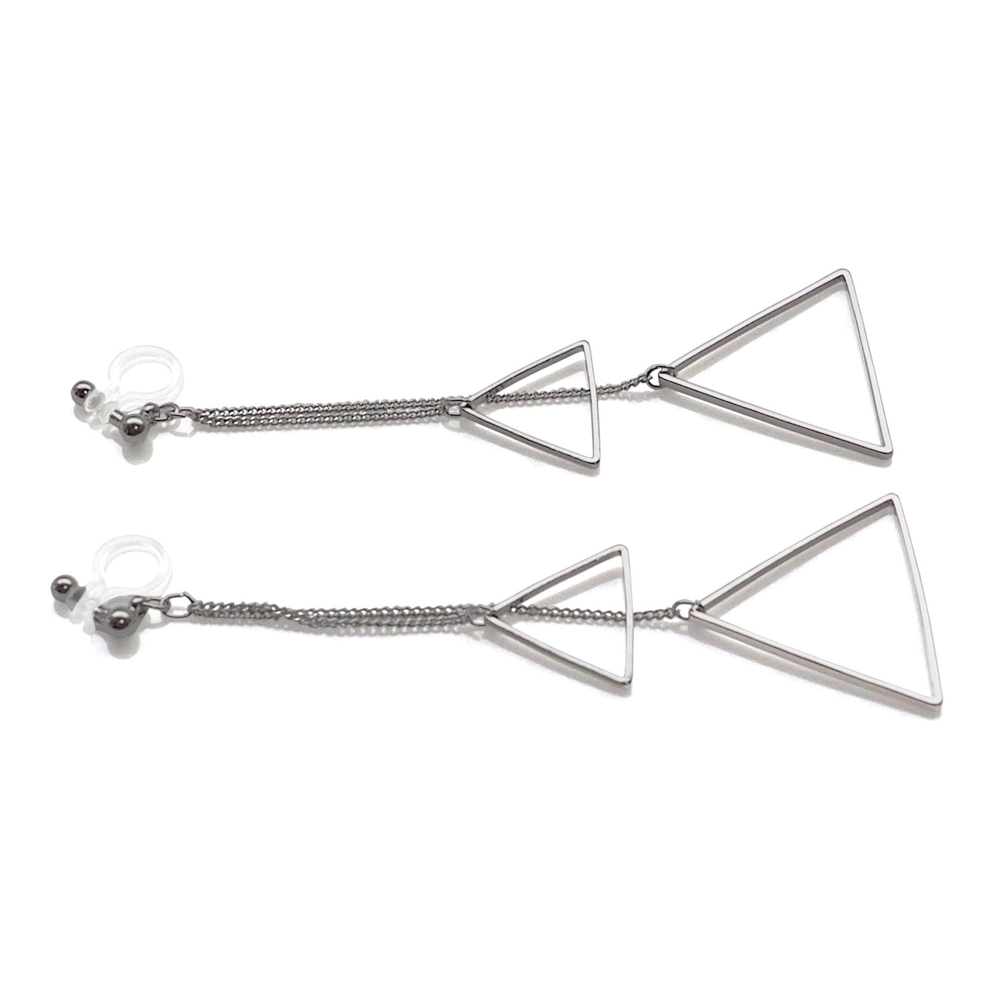Dangle silver double triangle invisible clip on earrings - miyabigracejewelry.com