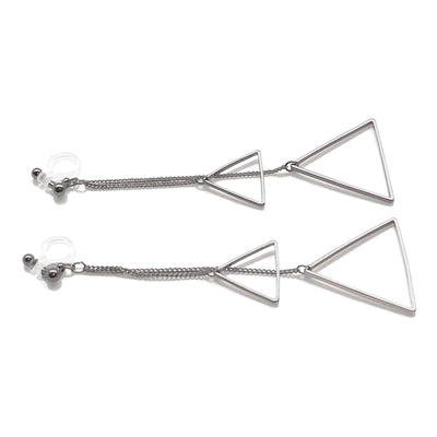 Dangle silver double triangle invisible clip on earrings - miyabigracejewelry.com
