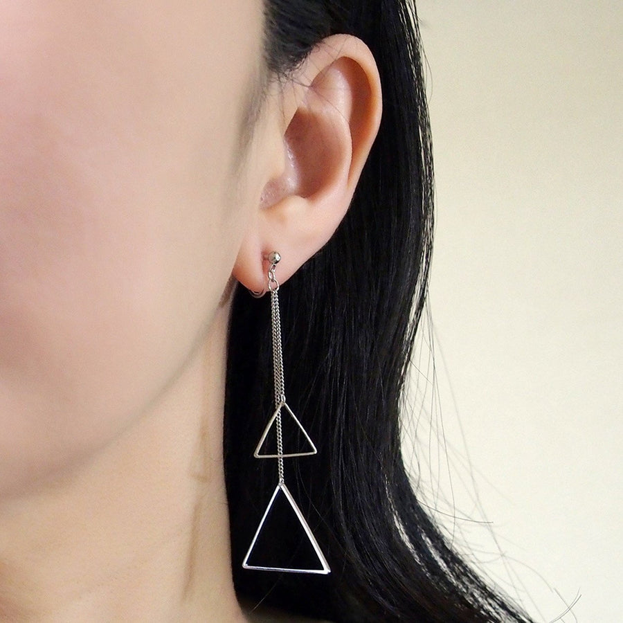 Dangle silver double triangle invisible clip on earrings - miyabigracejewelry.com