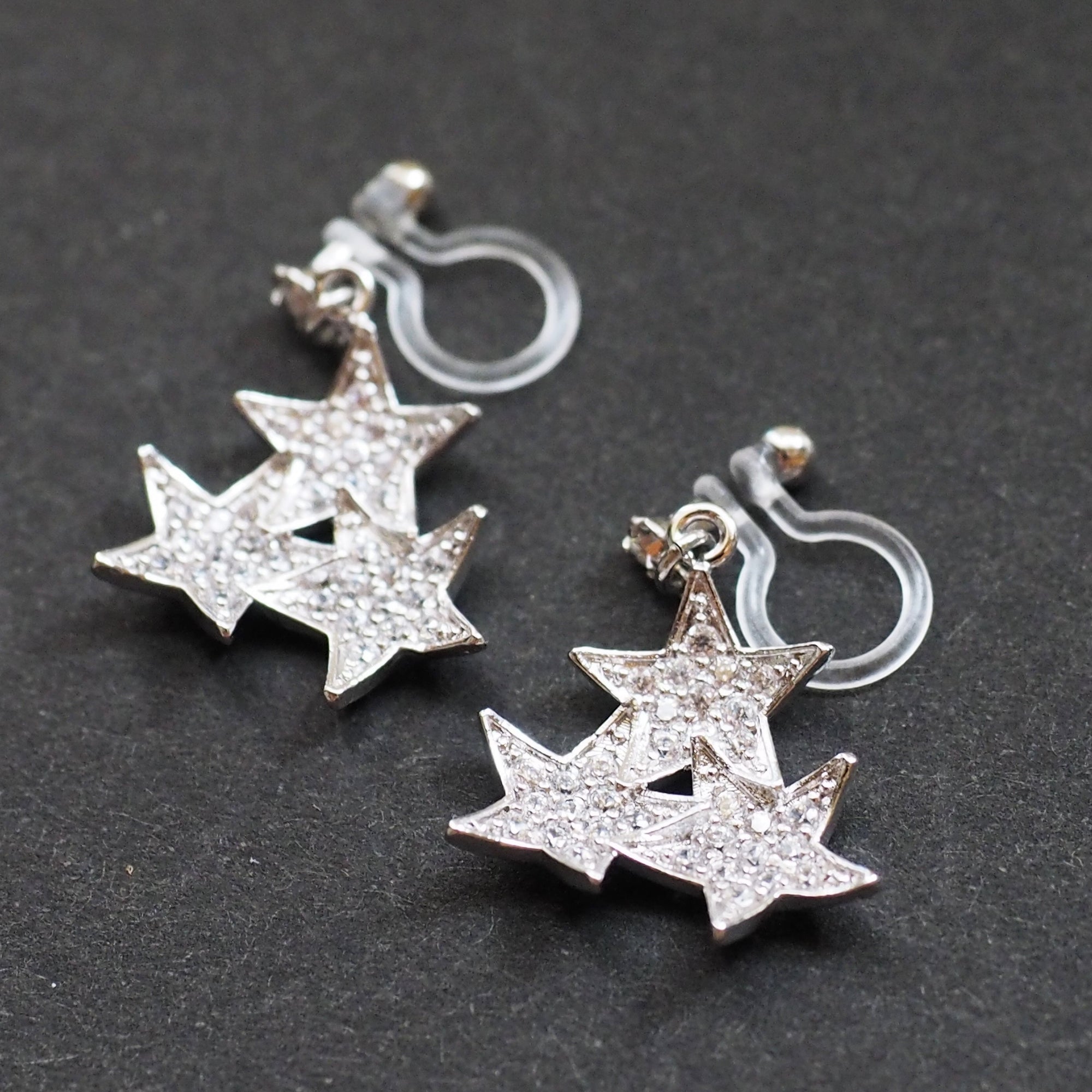 Triple Star micro pave cubic zirconia invisible clip on earrings ( silver tone ) - miyabigracejewelry.com