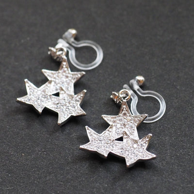 Triple Star micro pave cubic zirconia invisible clip on earrings ( silver tone ) - miyabigracejewelry.com