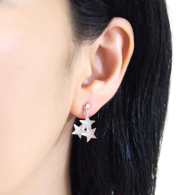 Triple Star micro pave cubic zirconia invisible clip on earrings ( silver tone ) - miyabigracejewelry.com