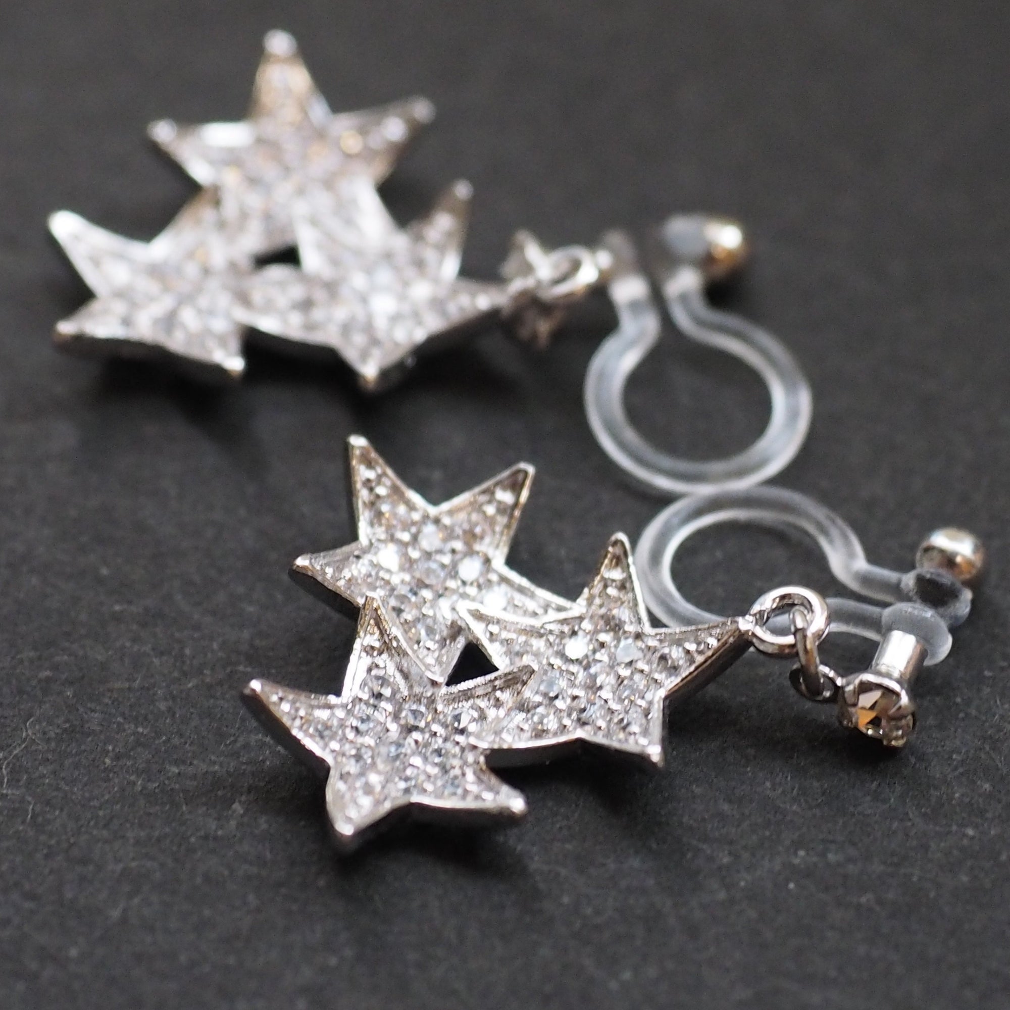 Triple Star micro pave cubic zirconia invisible clip on earrings ( silver tone ) - miyabigracejewelry.com