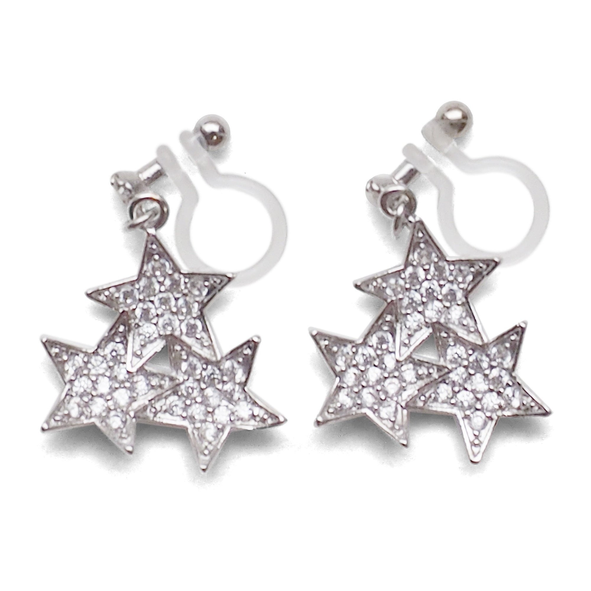 Triple Star micro pave cubic zirconia invisible clip on earrings ( silver tone ) - miyabigracejewelry.com