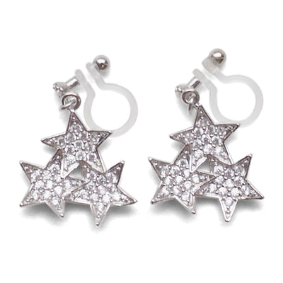 Triple Star micro pave cubic zirconia invisible clip on earrings ( silver tone ) - miyabigracejewelry.com