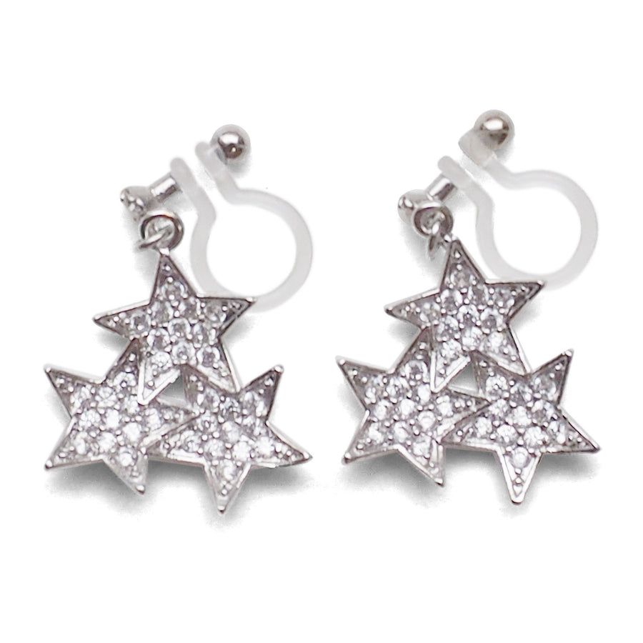 Triple Star micro pave cubic zirconia invisible clip on earrings ( silver tone ) - miyabigracejewelry.com