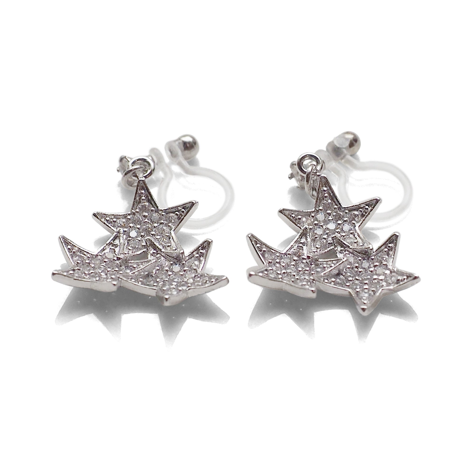 Triple Star micro pave cubic zirconia invisible clip on earrings ( silver tone ) - miyabigracejewelry.com