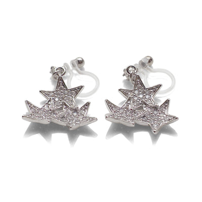 Triple Star micro pave cubic zirconia invisible clip on earrings ( silver tone ) - miyabigracejewelry.com