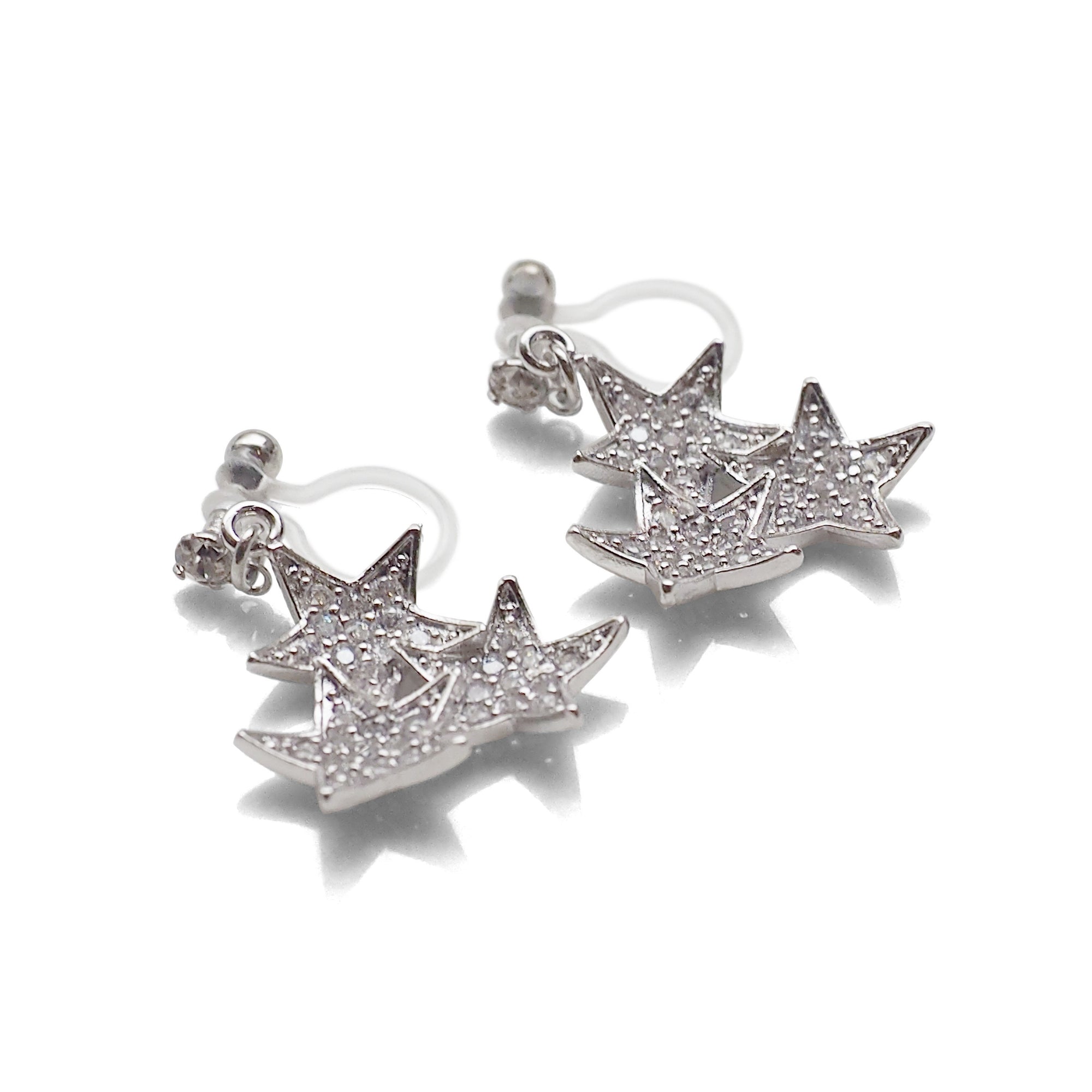Triple Star micro pave cubic zirconia invisible clip on earrings ( silver tone ) - miyabigracejewelry.com