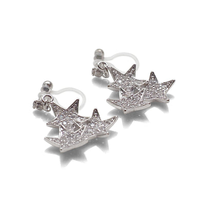 Triple Star micro pave cubic zirconia invisible clip on earrings ( silver tone ) - miyabigracejewelry.com